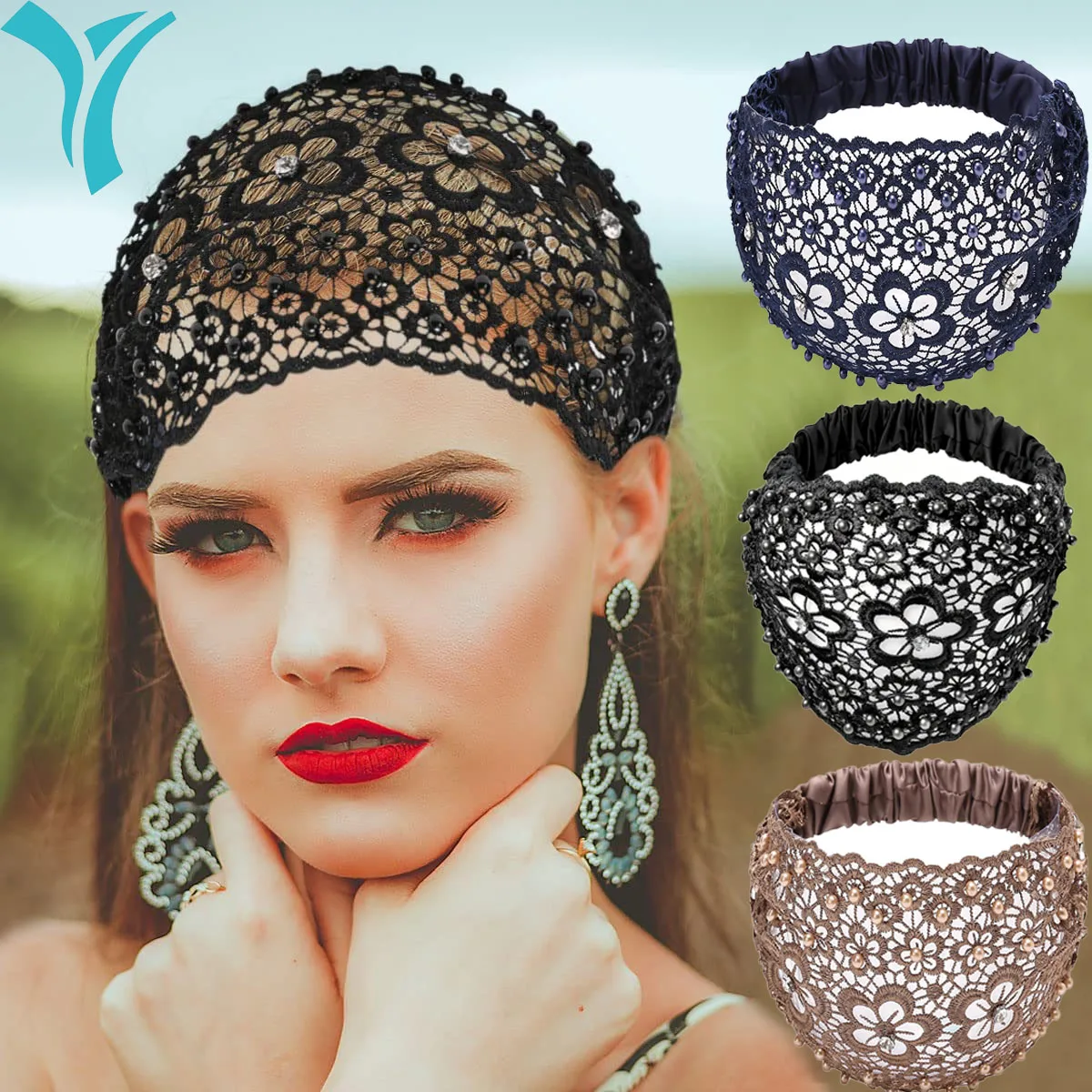 3 Pcs lace headbands for women,Wide Floral Pearl Lace Elastic Headbands Hair Accessories for Women Fashion