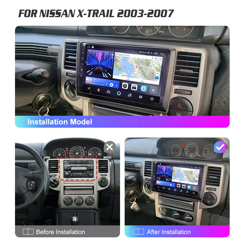 For Nissan X-Trail 2003-2007 Android 12 Car Radio Multimedia Player CarPlay 10 INCH Screen Unit 2K QLED Stereo CD