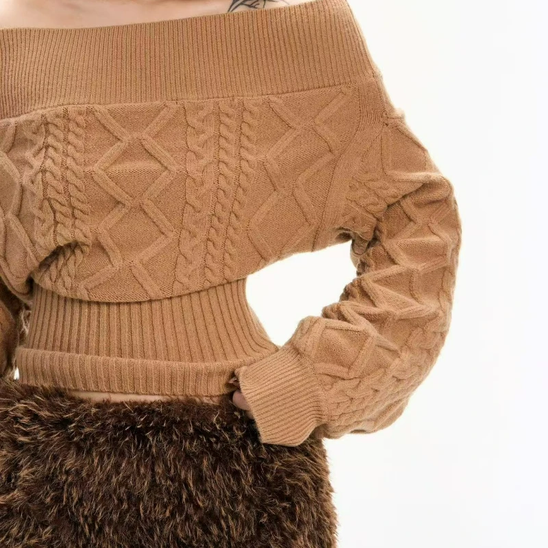 Kamelfarbener One-Shoulder-Taillen-Pullover für Damen, 2026, Herbst, neuer Stil, High-End-Nische, lässiger Strickpullover für Damen