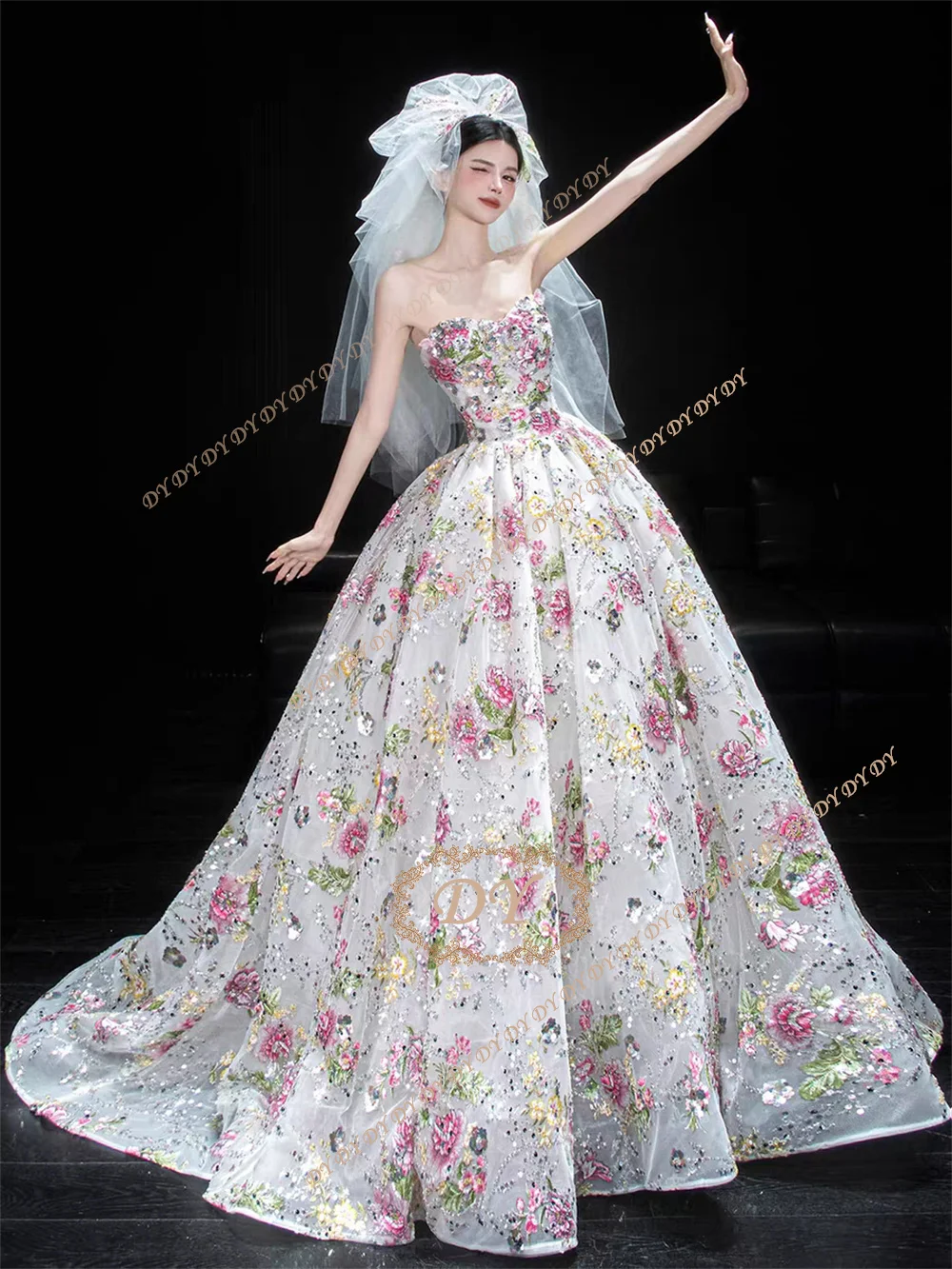 DY Luxury Strapless Beaded Floral Wedding Dress 2026 Puffy Women's Bridal Gown with Lacing Back Customized Vestido De Noiva