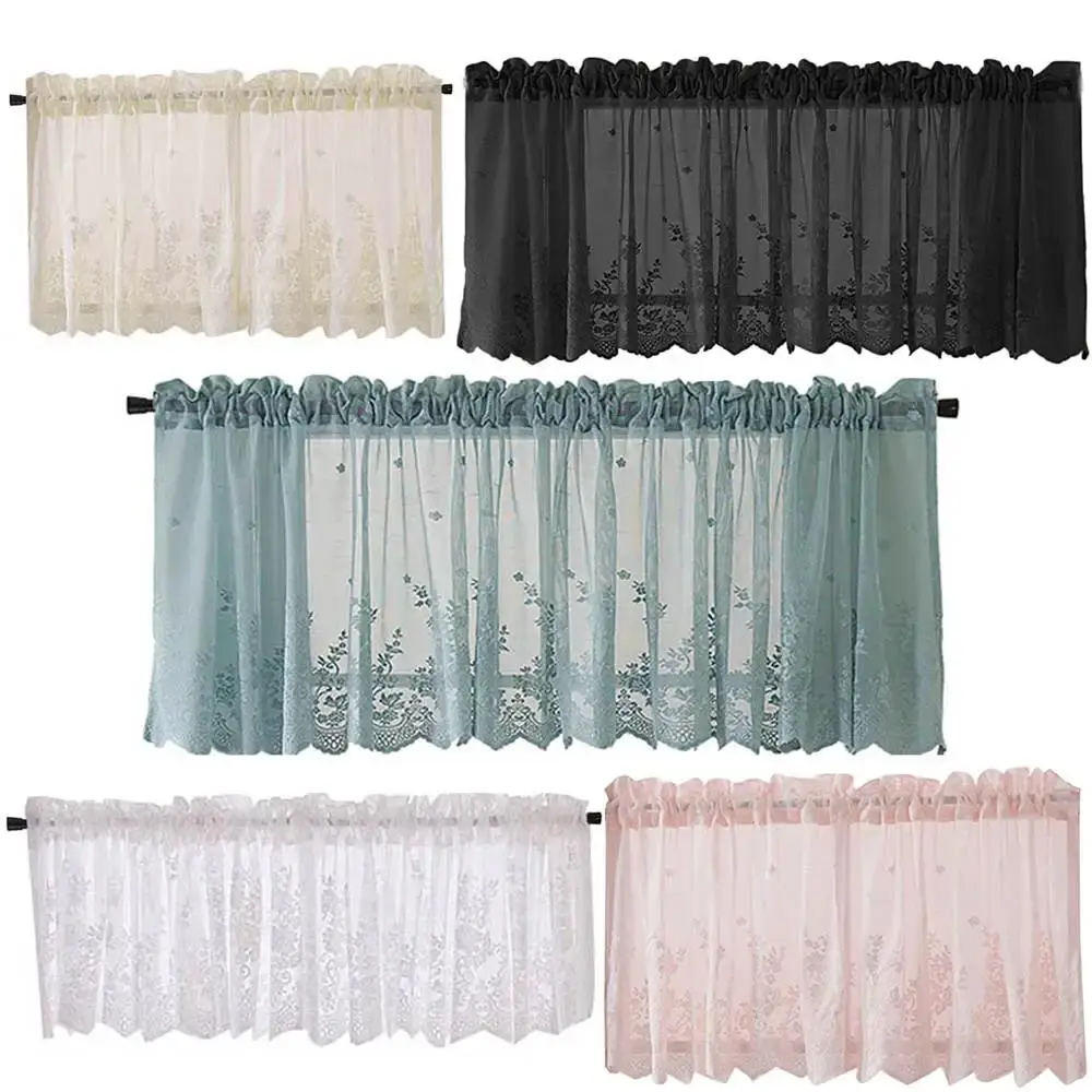 Modern Lace Jacquard Window Curtain Valance Lace Hem Coffee Short Curtain for Cabinet Door Bedroom Home Decor