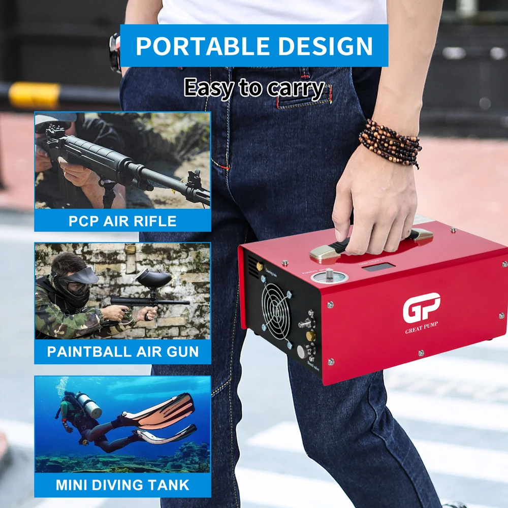 4500Psi 300Bar PCP Compressor High Pressure Built-in 12V Power Auto Stop Compressor Oil/Water Free for PCP Rifle Airgun GPES062