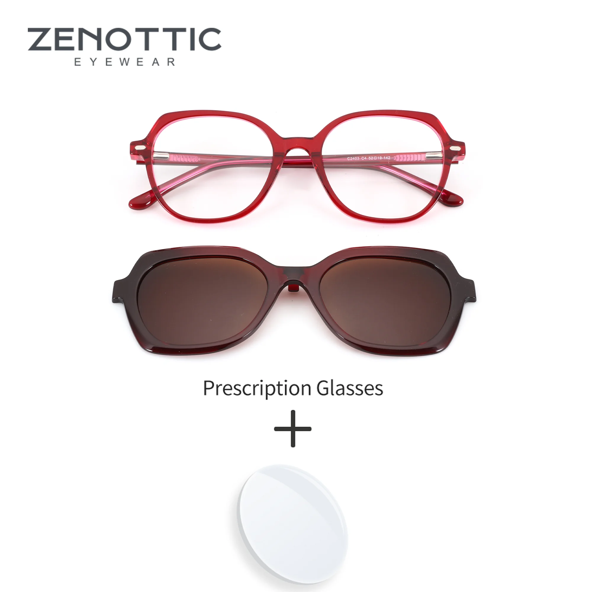 zenottic-クリップオン-m-サイズ-レディース-幾何学模様-ワインレッド-アセテート-ブルーライトカットレンズと偏光シェード付き-処方メガネ