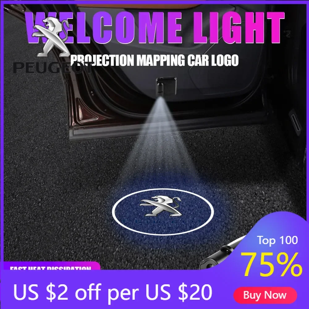 

2026 Hot Car Sticker 2PCS Car HD Door Welcome Light Wireless Led Projector Lamps For Peugeot 3008 5008 208 407 406 4008 206 308