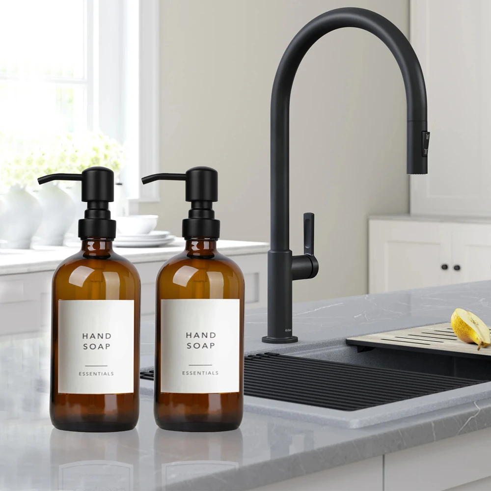 Distributeur de Regina en verre ambré, ensemble de distributeur de vaisselle à main de cuisine avec pompe en acier inoxydable antirouille, 2 pièces,