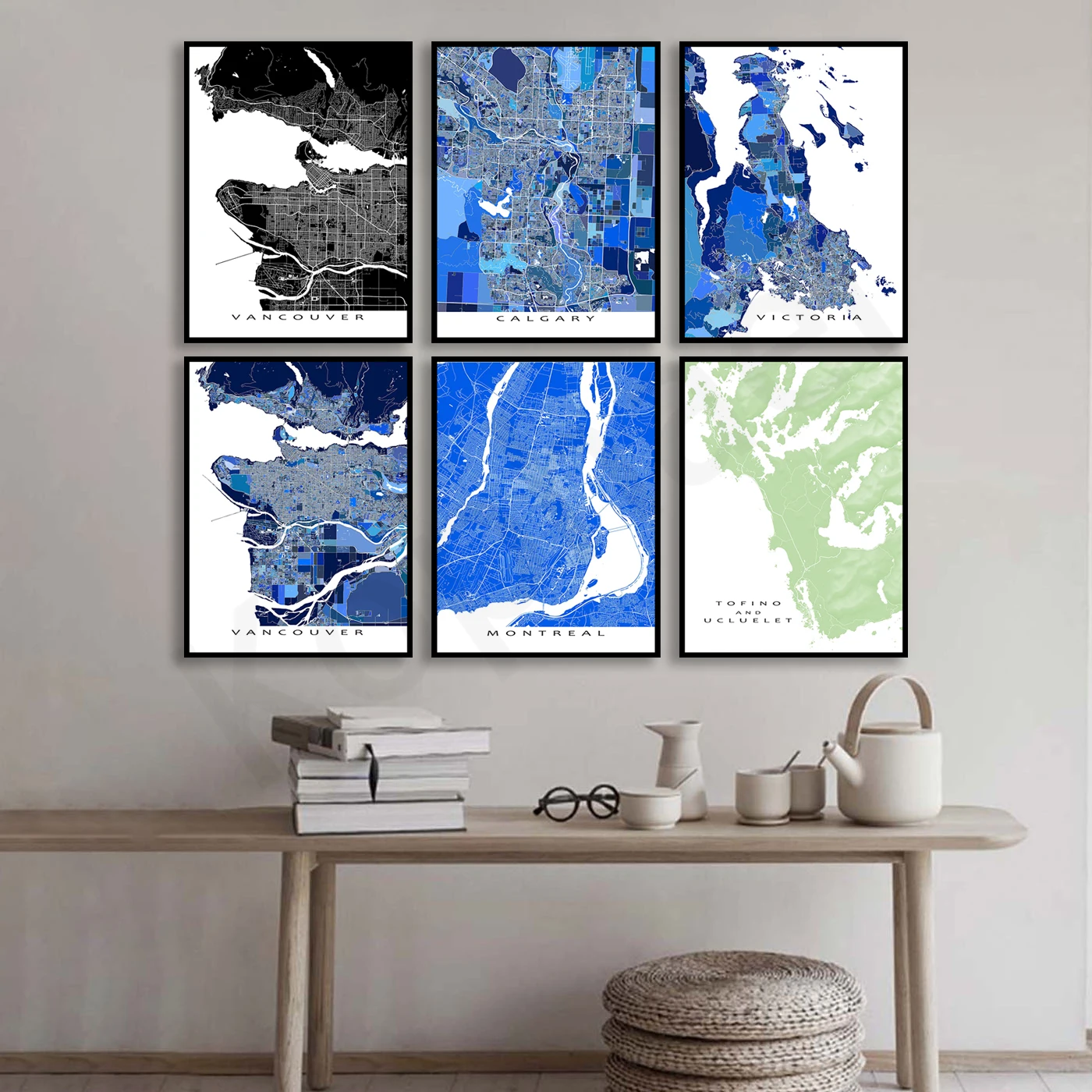 توفينو مونتريال فانكوفر إدمونتون كالغاري فيكتوريا. خريطة ألوان شارع المدينة. هدايا السفر. ملصق فني لتزيين جدران المنزل