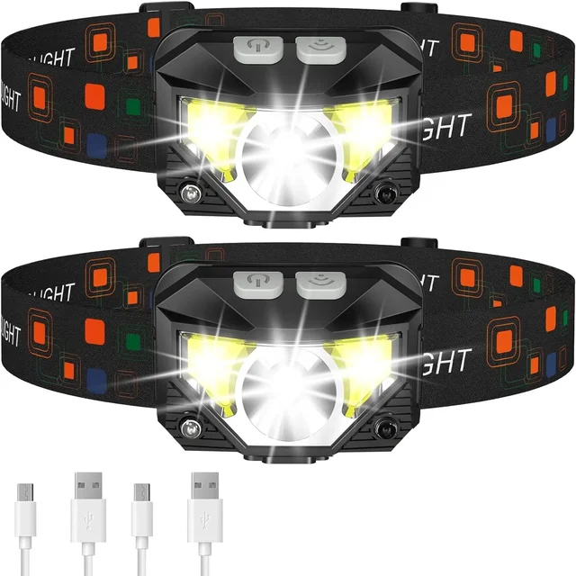 Latarka czołowa, ultralekka, jasna dioda LED o mocy 1200 lumenów, ładowalna latarka czołowa z białym czerwonym światłem, 2 szt. Wodoodporny ruch