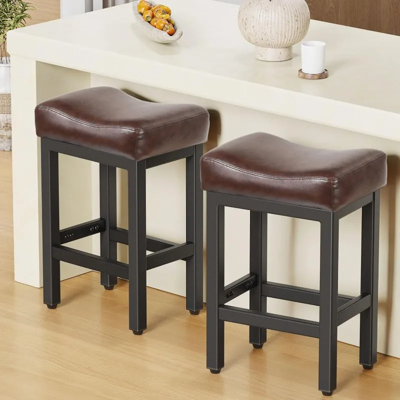 

Counter Height Bar Stools Set of 2, 24 Inch Barstools Bonded Leather Kitchen Stools with Thick Saddle Seats , Brown/Black
