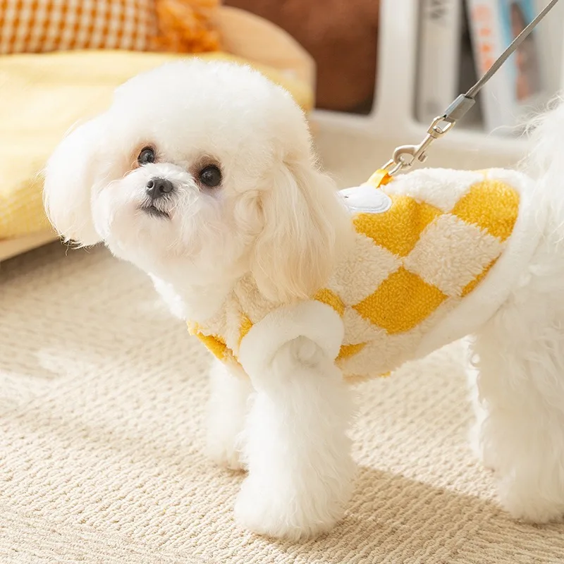 

Pet Dog Winter Warm Clothes Teddy Plush Cardigan Dog Cute Cartoon Diamond Plaid Applique Bear Traction Fleece Coat