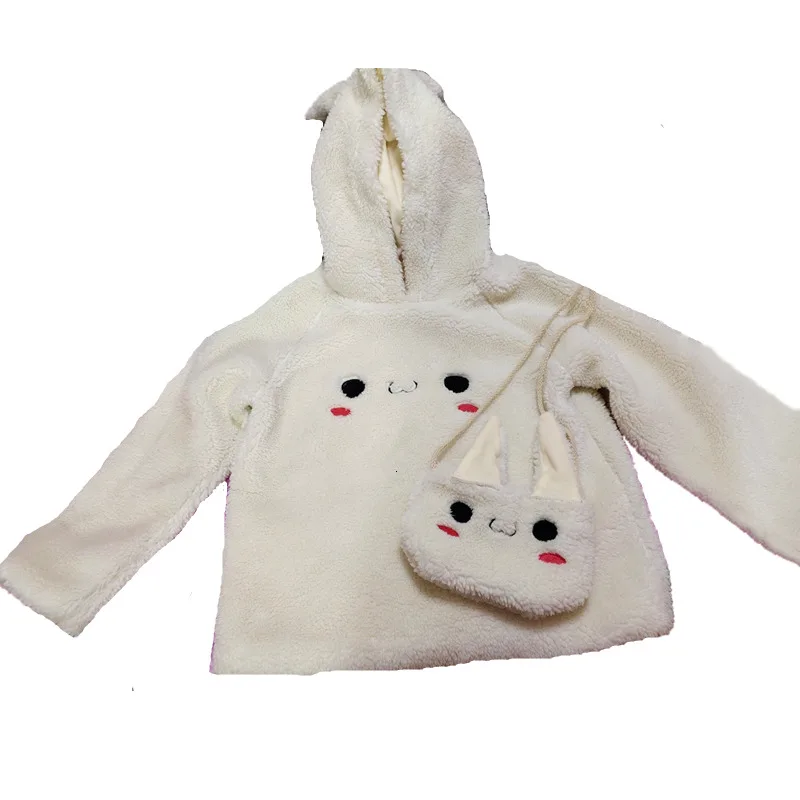 Autumn Winter Women Kawaii Rabbit Ears Plush Thicken Hoodie Faux Fur Casual Soft Warm Fluffy Embroidery Sweatshirt With Mini Bag