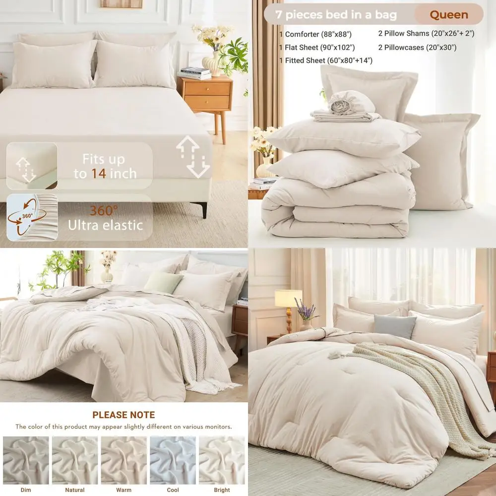 

Queen Size All-Season Bedding Set: 7-Piece Comforter, Soft Beige, Includes Flat and Fitted Sheets, Pillowcases & Shams