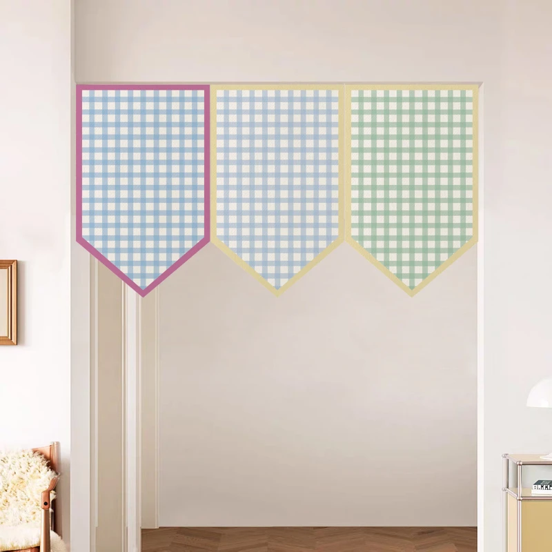 Korean Macaron Grid Triangular Flag Door Curtain Fresh and Soft Partition Hanging Curtain Kitchen Cabinet Bedroom Home Decor