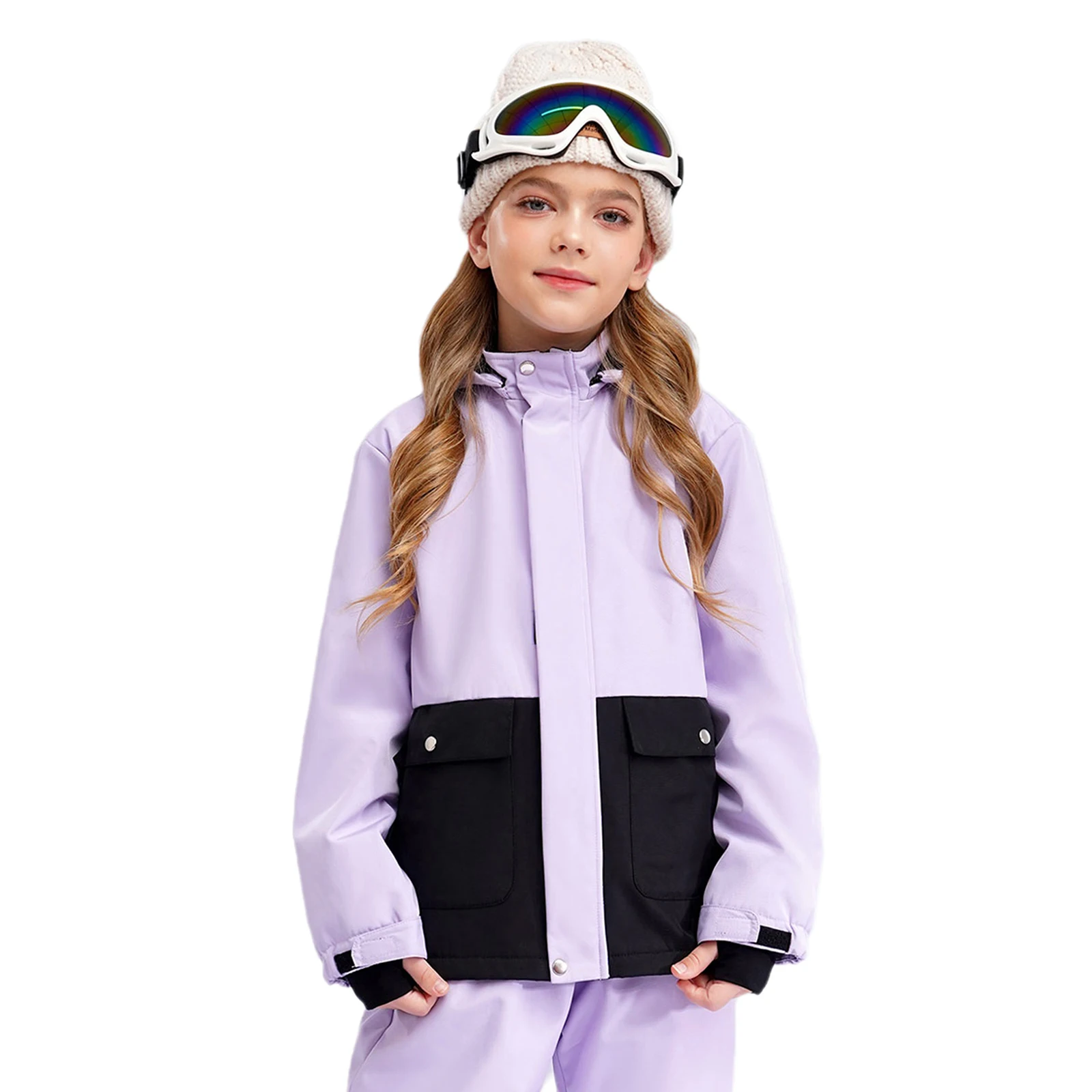 Kids Girls Skiing Jacket Long Sleeve Hooded Coat Winter Children Outdoor Snow Ski Outerwear Color Block Snowboarding Coats