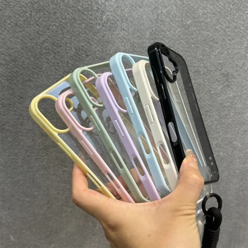 Luxury Candy Color Bumper With Lanyard Phone Case For iPhone 17 16 15 14 13 12 11 Pro Max Plus Clear Acrylic Shockproof Cover - náhled 5