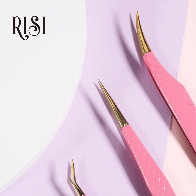 RISI Pink False Eyelash Tweezers For Eyelashes Extensions Individual Curved Strip Lashes Eyebrow Hair Clip Tongs Makeup Tools