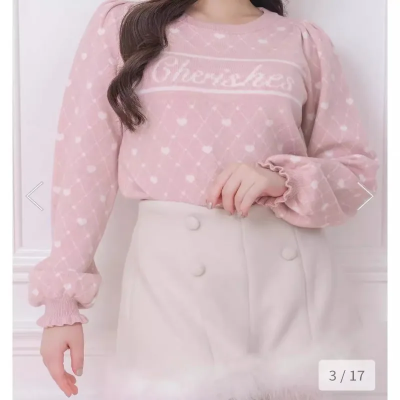 Pull imprimé losange mignon pour femme, pull rose, lettre d'amour, doux, japonais, automne, hiver, 2024