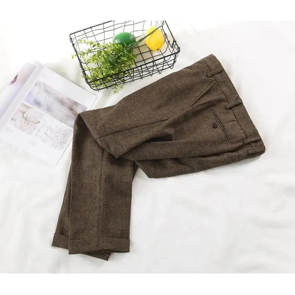 2023 Men Pants Autumn Winter Retro Wool Herringbone Business Casual Trousers Wear Pants Men Male Formal Tweed Straight Pants