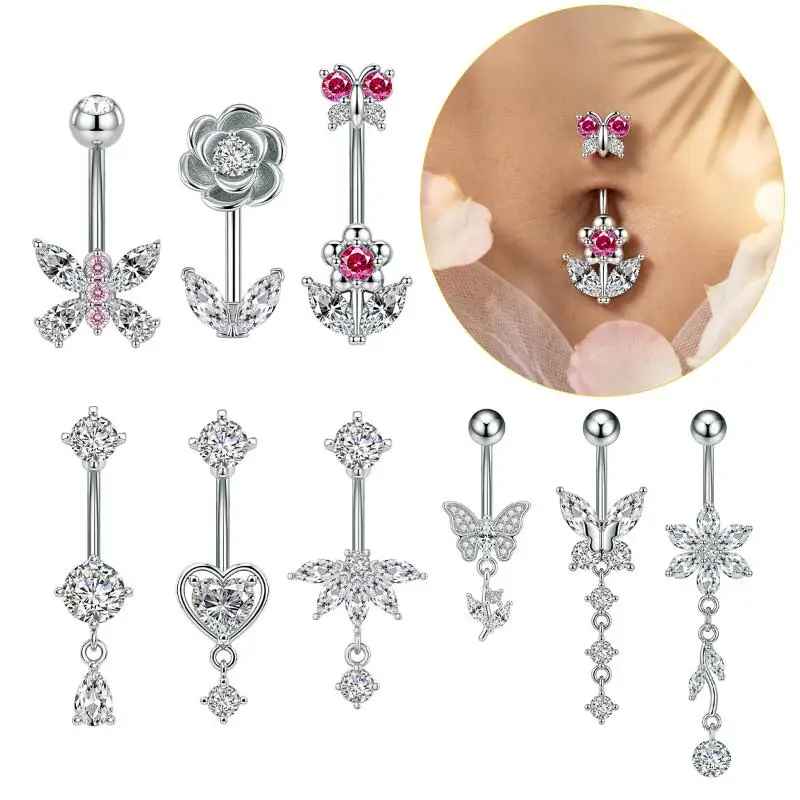 1Pcs Zircon Decor Belly Button Ring Premium Stainless Steel Butterfly Flower Shape Hypoallergenic Body Jewelry for Vacation Wea