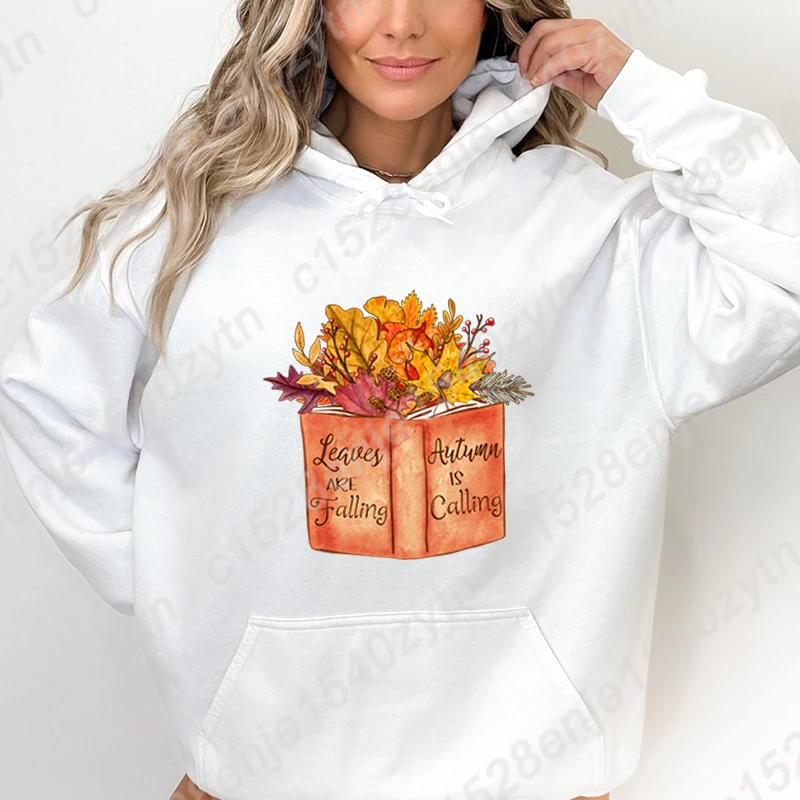 Funny Book Leaves Are Falling Autumn Is Calling Print Women Hoodie Autumn And Winter Pullovers New Ladies Long Sleeve Sweatshirt