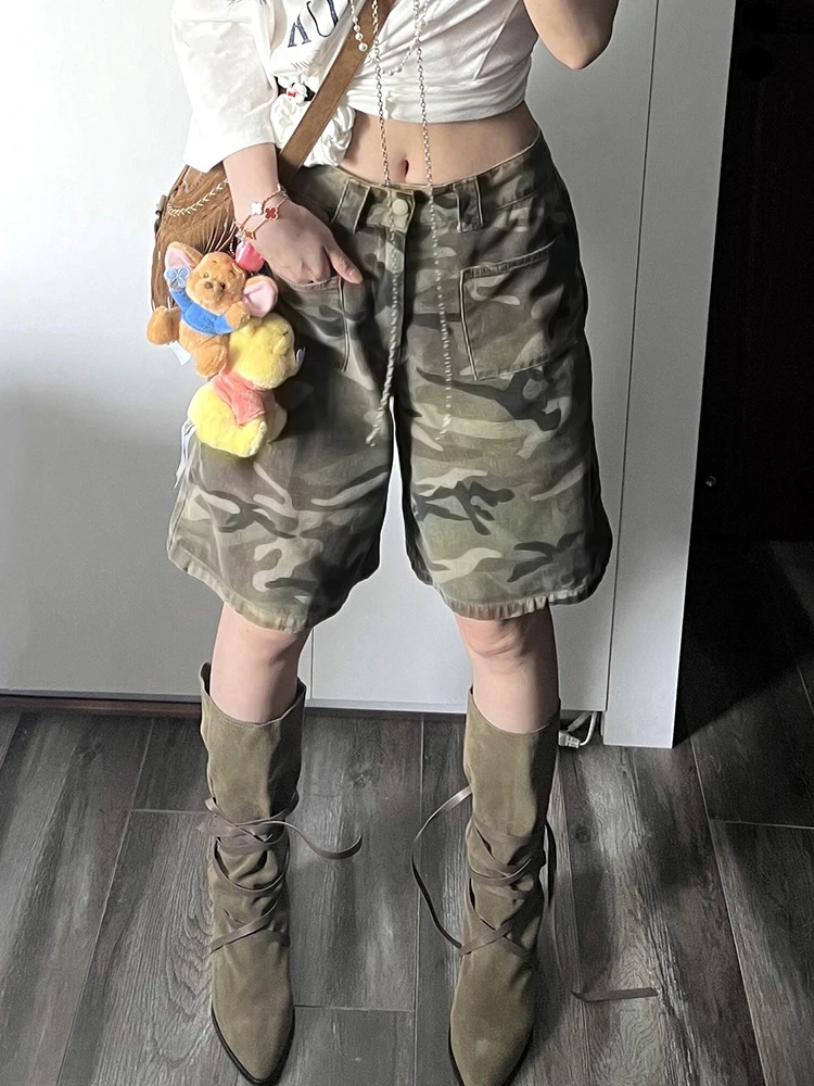 PBAP Retro Camouflage Breite Cargo Hosen Frauen Waschen Hohe Aufstieg Baggy Jorts Lose Beiläufige Knie Lange Denim Shorts Harajuku Streetwear