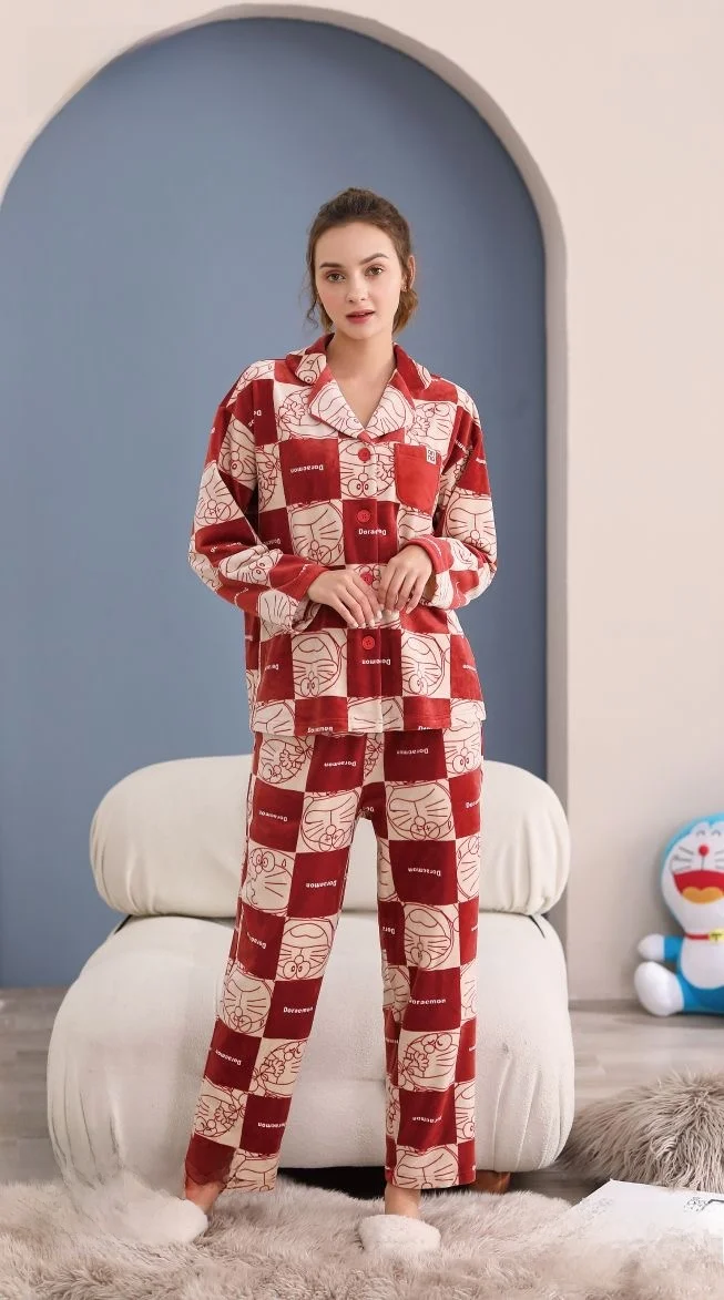 anziban-カップル女性用パジャマ両面アイランドベルベットカジュアルホーム服かわいいサンタクロース猫柄厚みのある長袖