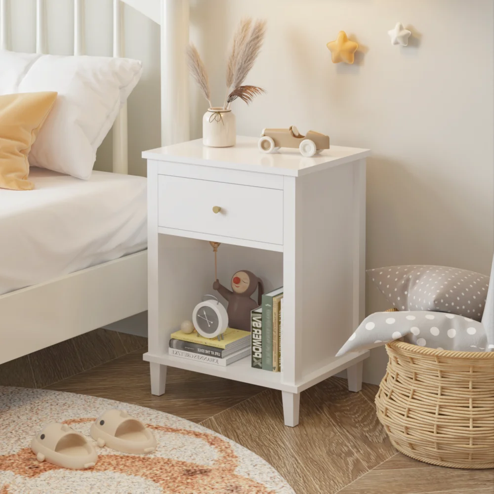 

26.77''H Wooden Nightstand with One Drawer One Shelf for Kids Adults White