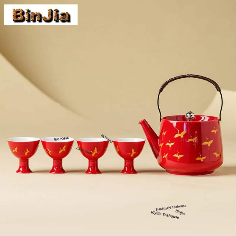 Forbidden City Red Gold Blocking Crane Tea Set Complete Set Vintage Gaiwan Tea Ceremony Set Teapot And Tea Cup Set Cha Craft