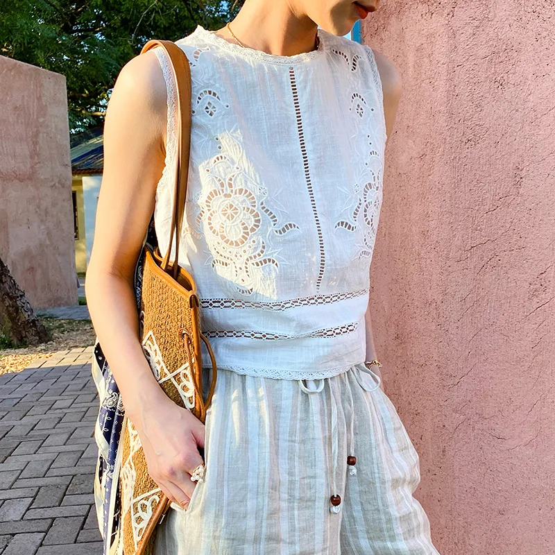 French Designer Boho White Cotton Eyelet Tank Top Women Sleeveless Embroidery Hollow Out Casual Summer Vacation Ladies Blouse view 4