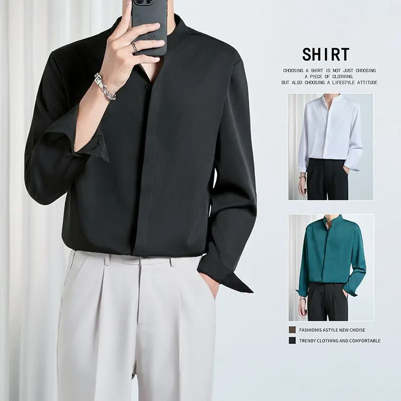 

Новая мужская рубашка из ледяного шелка в китайском стиле, приталенная, с длинным рукавом, для бизнеса и повседневной носки, модная, осенняя новинка, не требует глажки