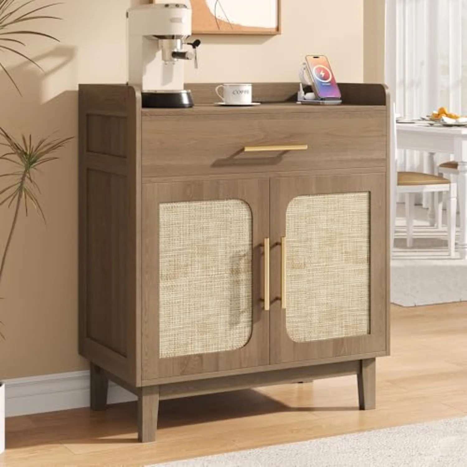 30" Rattan Sideboard Buffet Cabinet with Storage and Drawer, Boho Coffee Bar with Charging Station, Wood Accent Cabinet
