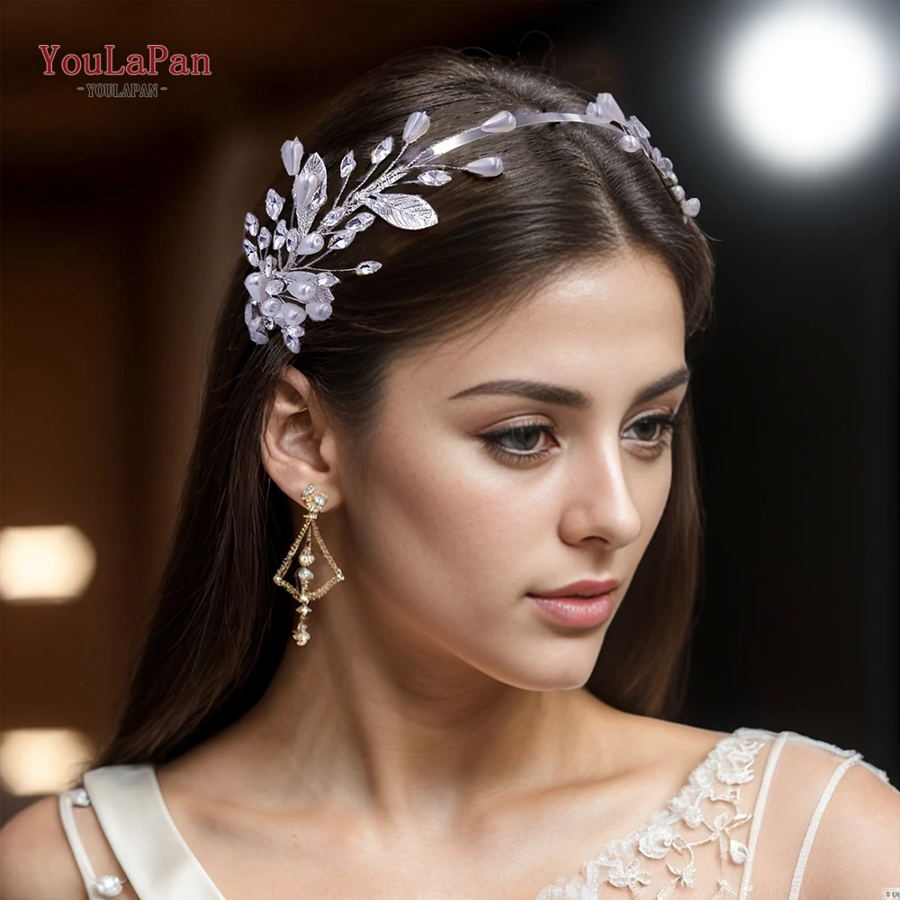 

YouLaPan Bridal Rhinestone Hair Hoop Wedding Bride Pearl Headband Women Alloy Leaf Hair Accessories Banquet Party Jewelry HP586