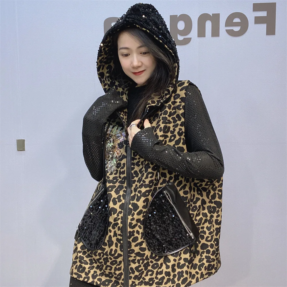 Women\'s Clothing Hot Diamond Loose Hooded Vest 2024 Winter New Fashion Chic Back Tiger Head Leopard Print Vest Jacket Female