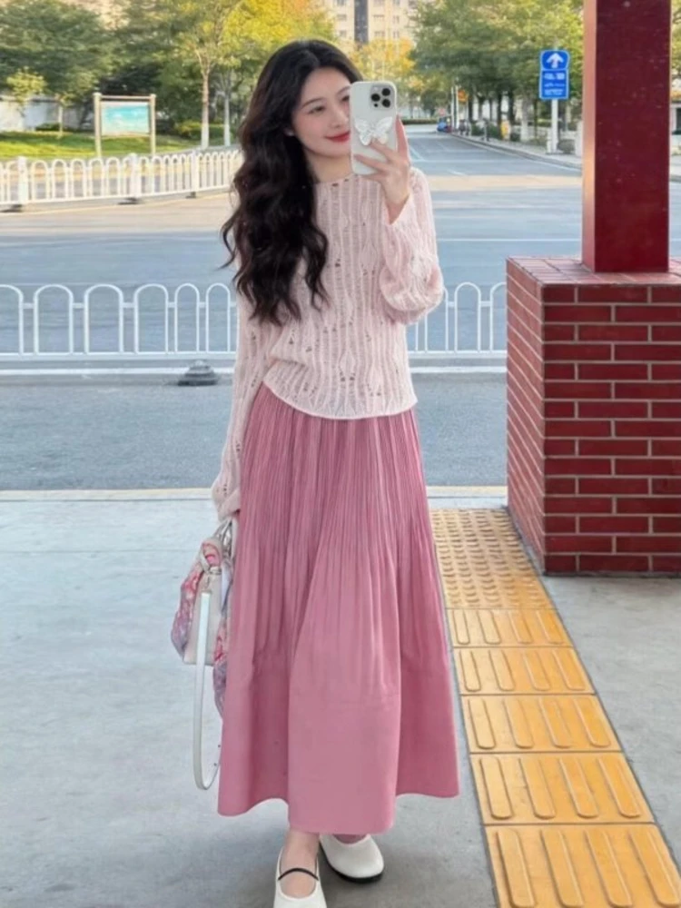 

Pink Hollow out Long Sleeve Knitted Sweater Women's Spring Thin Fashionable Youthful round Neck Top Trendy French Style Loose...