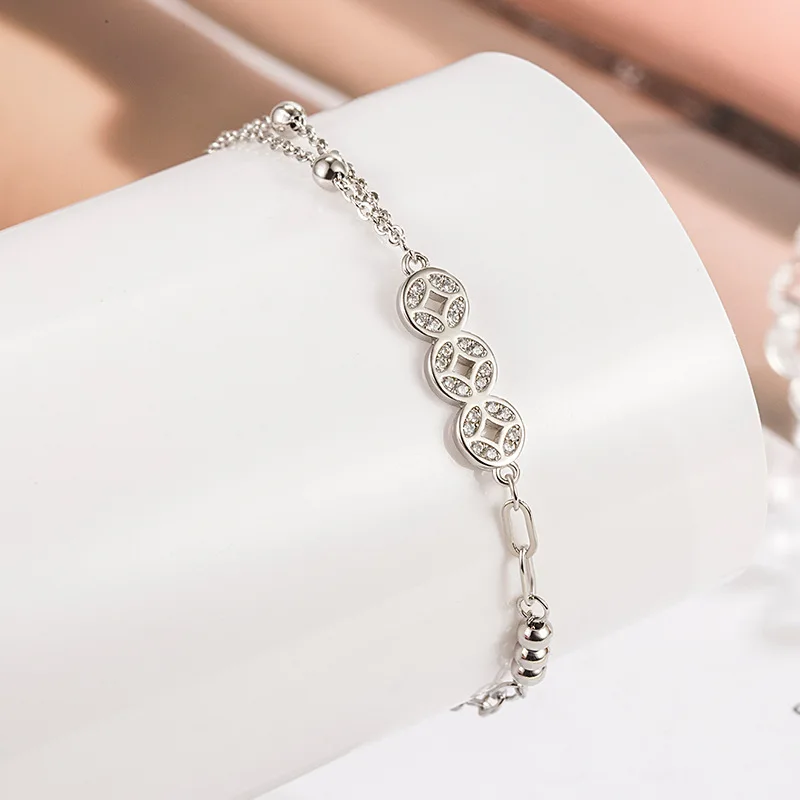 Sterling Silver Color Bracelets for Women Lucky Coins Charm Hand Chain Link Orignal Fashion Jewelry