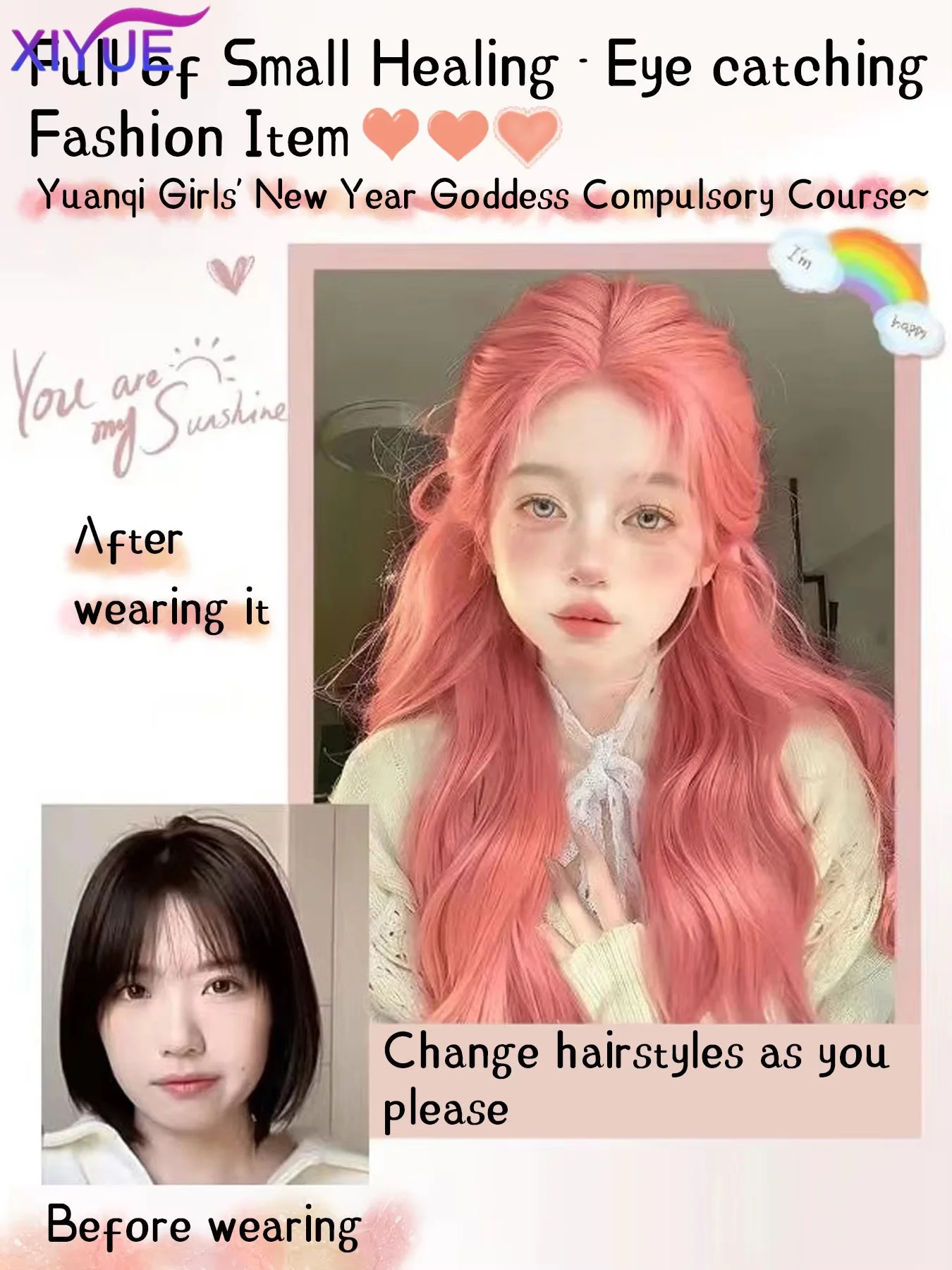 XIYUE 오렌지 핑크 가발 긴 웨이브 합성 가발 중간 부분 자연 웨이브 가발 내열성 코스프레 파티 데일리 헤어 가발