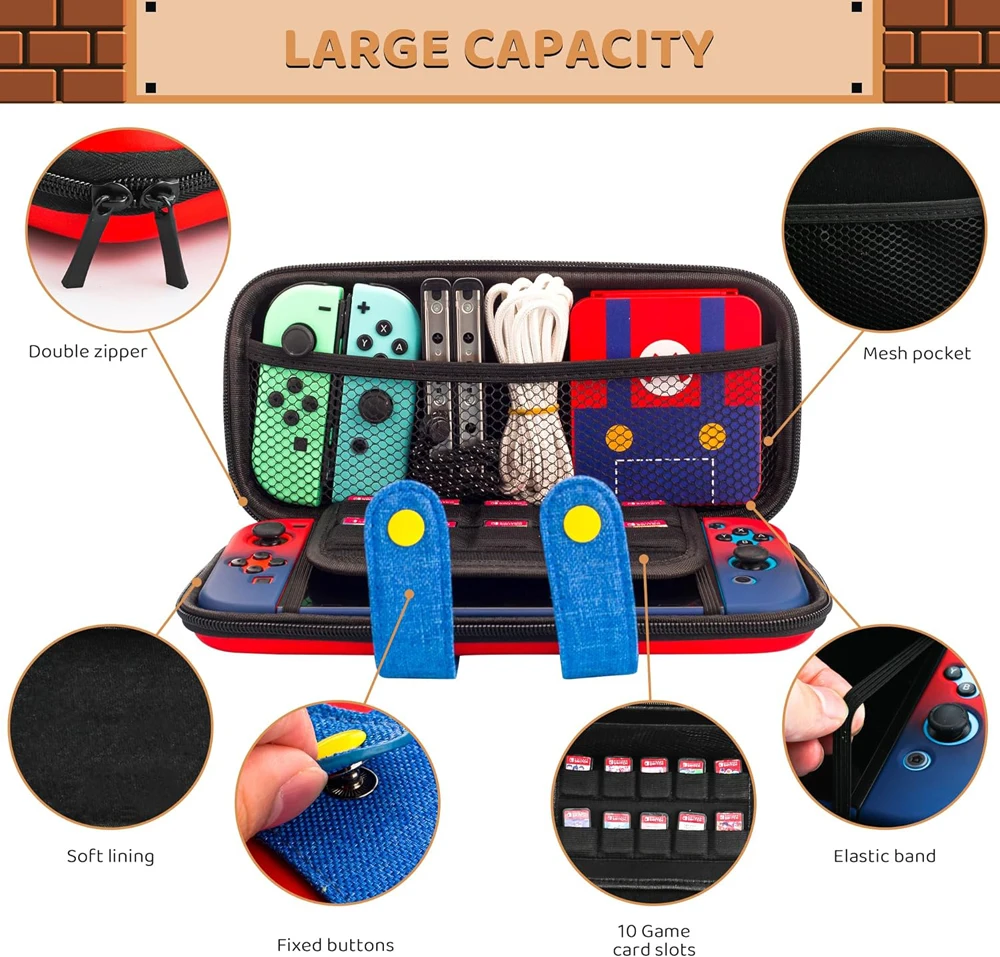 Switch Case Compatible with Nintendo Switch/OLED Cute Portable Switch Carrying Case 10 Game Holders for Mario Travel Cover Set