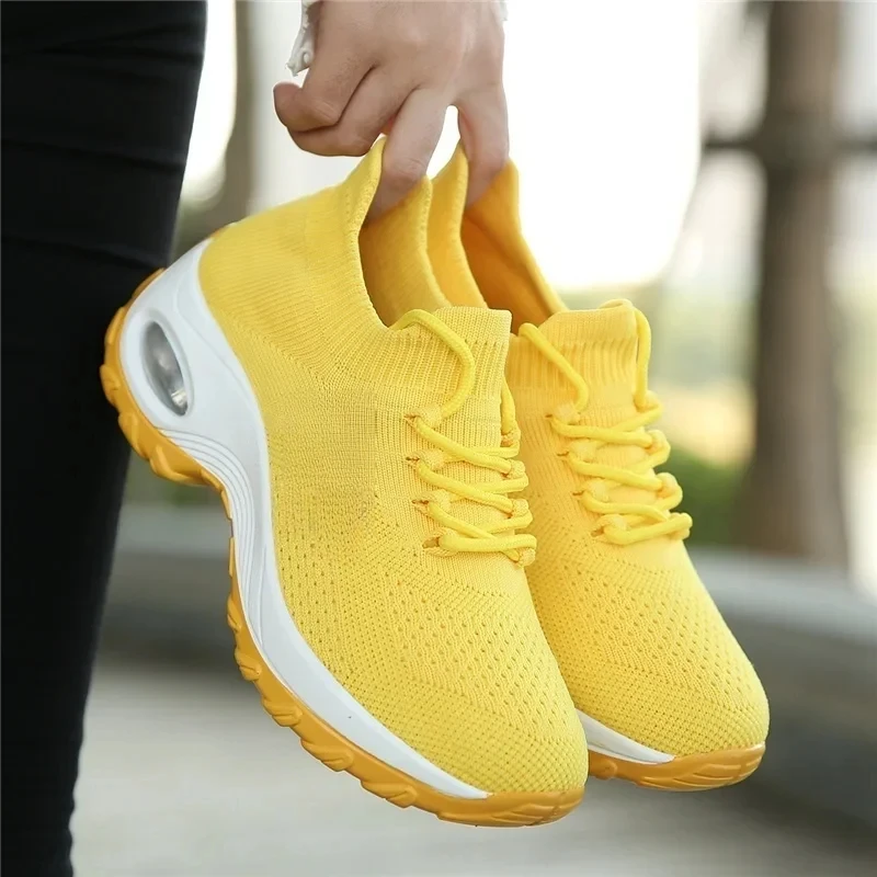 Women Tennis Shoes Breathable Mesh Height-increasing Slip-on Female Sock Footwear Outdoor Women Sneakers Thick Bottom Platforms 