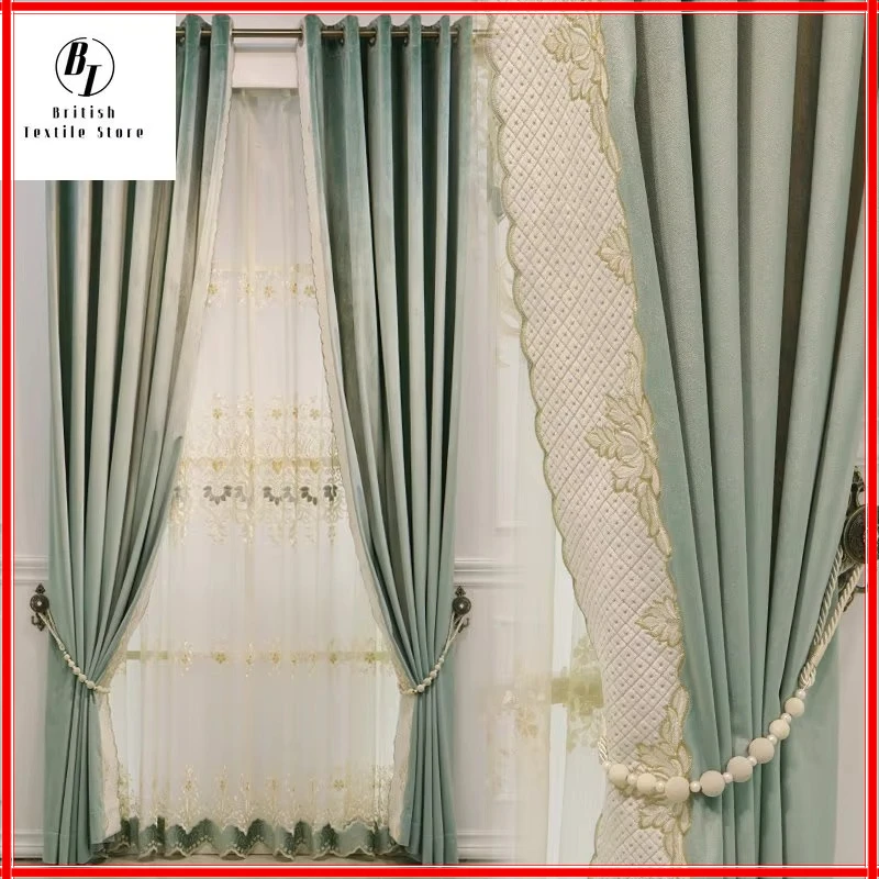 

Modern Velvet Curtains for Living Room Bedroom Dining Luxury Minimalist French Solid Color Green Embroidery Macrame Stitching