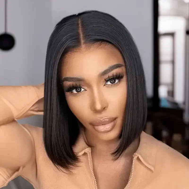 100% Human Hair Short Straight Bob Wig 7x5 Pre Cut Frontal Lace Glueless Pre Plucked Bleached Knots 150% Density