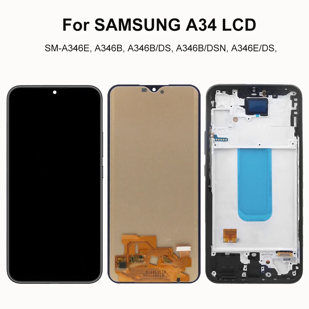 A34 Super AMOLED Screen Replacement for Samsung Galaxy A34 5G A346B A346B/DS A346E LCD Display Touch Screen Digitizer with Frame