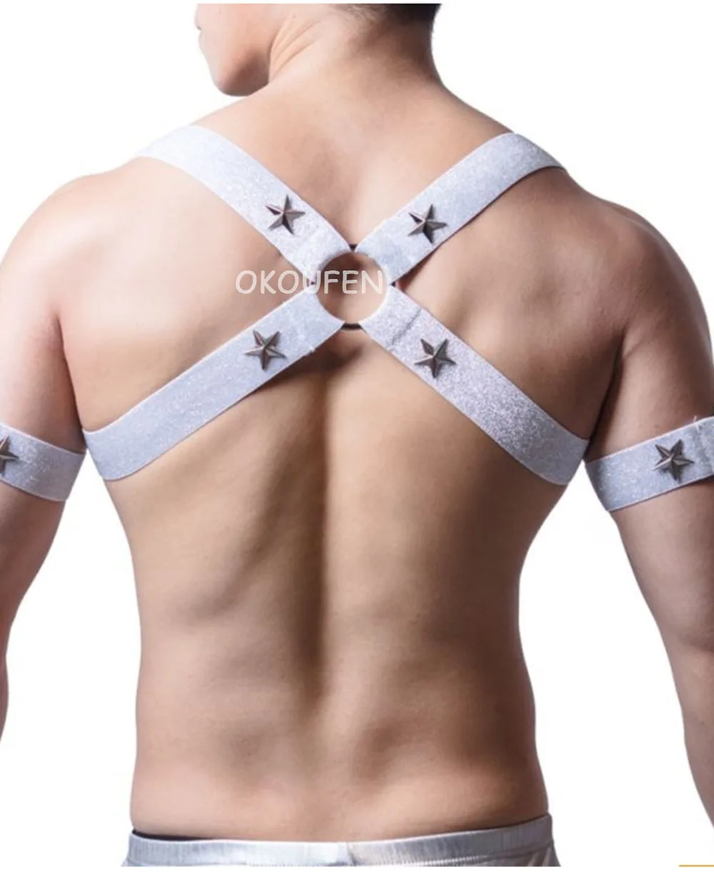 

Night club bar male singer stage performance male gold silver black and white chest strap