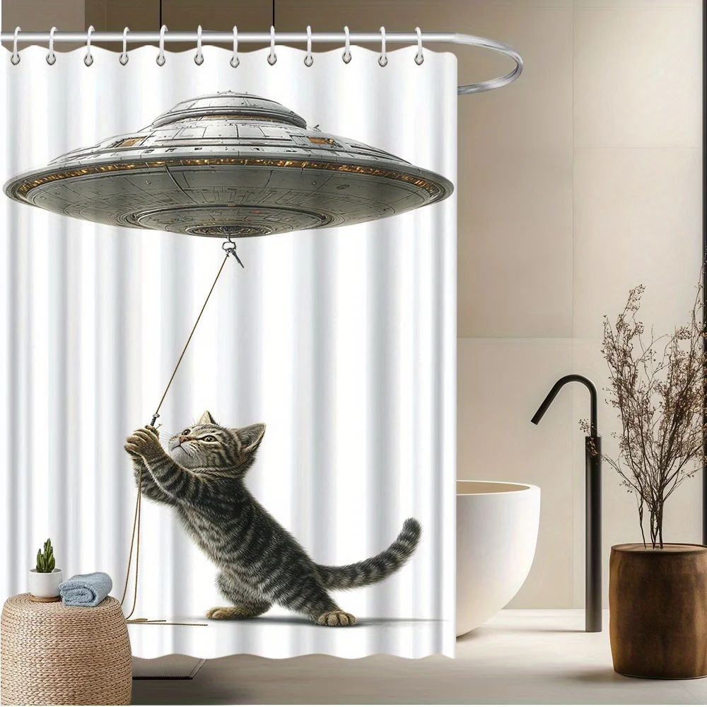 

1pc Cat UFO Shower Curtain - Whimsical Cat Holding Spaceship Design, Durable Polyester Fabric, 70.8x70.8 Inch with 12 Hooks