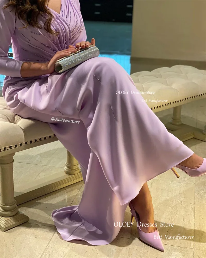 OLOEY Dubai Arabic Women Lilac Evening Dresses Long Sleeves Glitter Beads Chiffon V Neck Prom Gowns Formal Party Occasion Dress