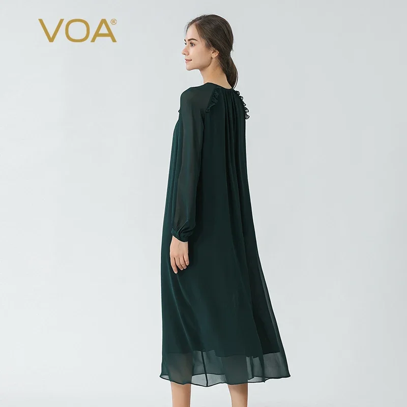 Voa malaquita verde dupla camada georgette amoreira gravata meia gola aberta lanterna manga longa solto vestido de seda casual ae1670