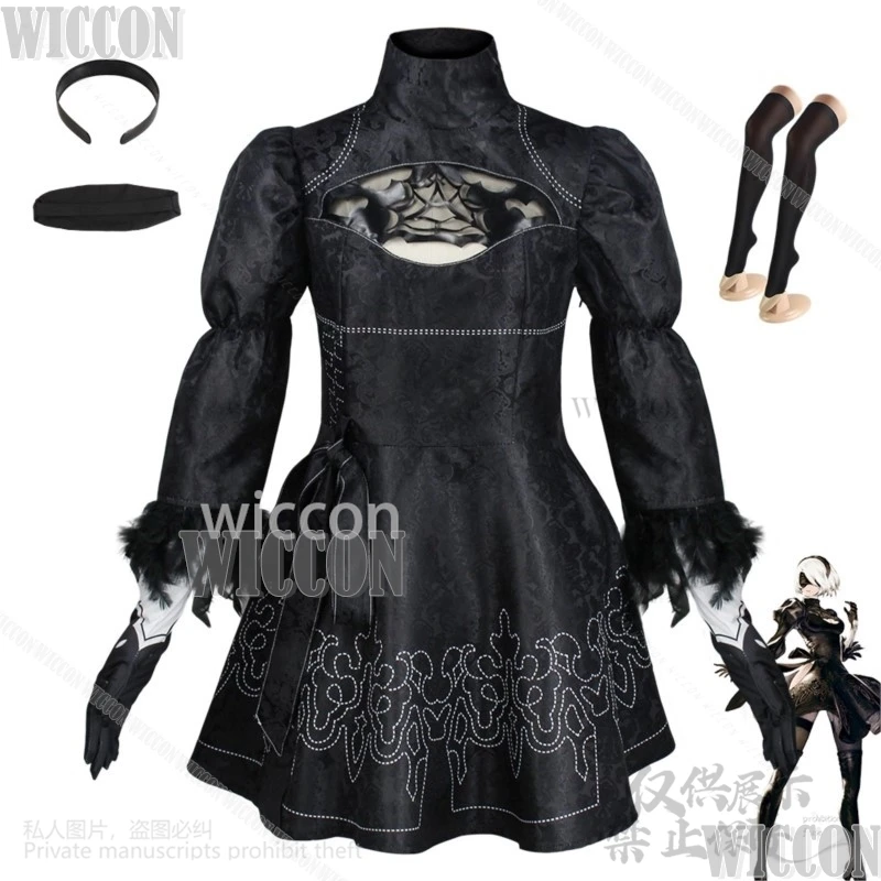 Nier Automata Anime Game Yorha 2B Cosplay Goth Costume Lolita Black Dress Wig For Girl Women Halloween Party Roleplay Customized