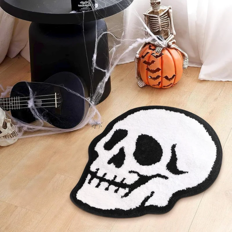 VIKAMA Skull Shaped Shaggy Floor Mat Halloween Gothic Non Slip Absorbent Rug Bedroom Entryway Home Decor