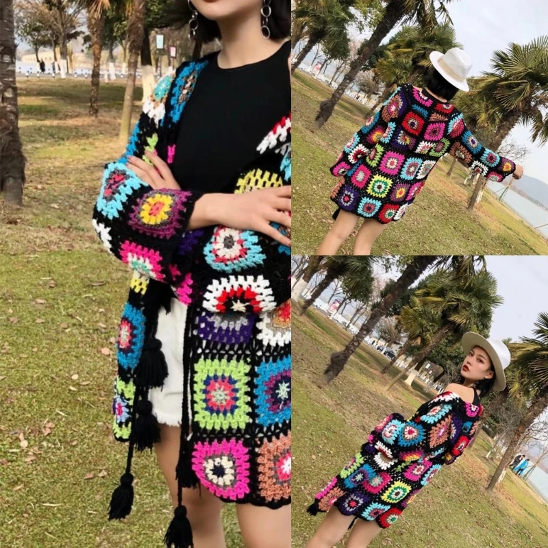 

50JB Women Bohemian Handwoven Hooded Cardigan Hollowed Out Crochet Knit Colorful Long Sleeve Tie Front Outwear Jackets Coat