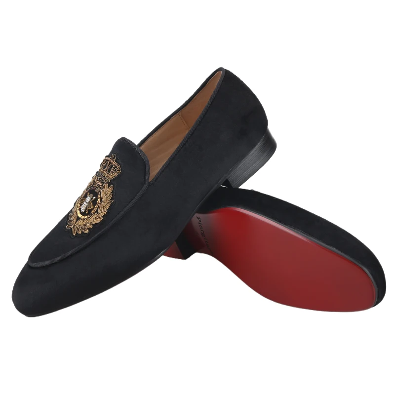 Piergitar Handmade Custom Bee&Crown Grosgrain Finish Men's Loafers Royal Classic Style Black Velvet Moccasins Red Color Bottom