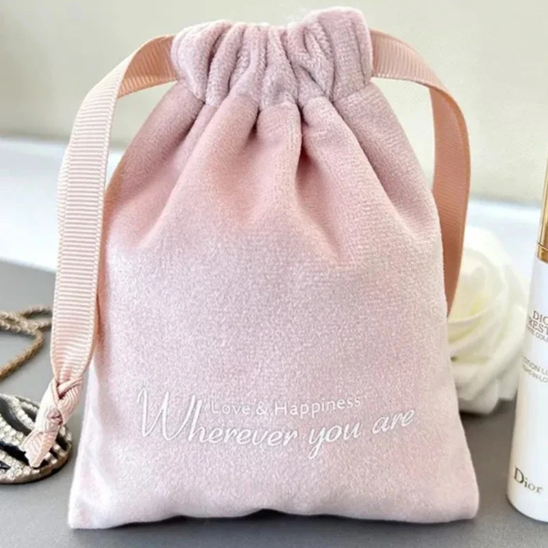 50P Luxury Bracelets Pouches Pink Velvet Drawstring Bag Custom Logo Jewelry Packaging Organizer Gift Bags Wedding Party Favors