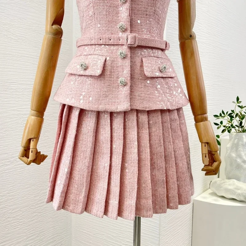 Women\'s Mini Dress Pink Sleeveless Tweed Turn Down Collar Pleat Elegant Ladies New High Quality 2024